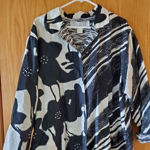 Black and white button up blouse.